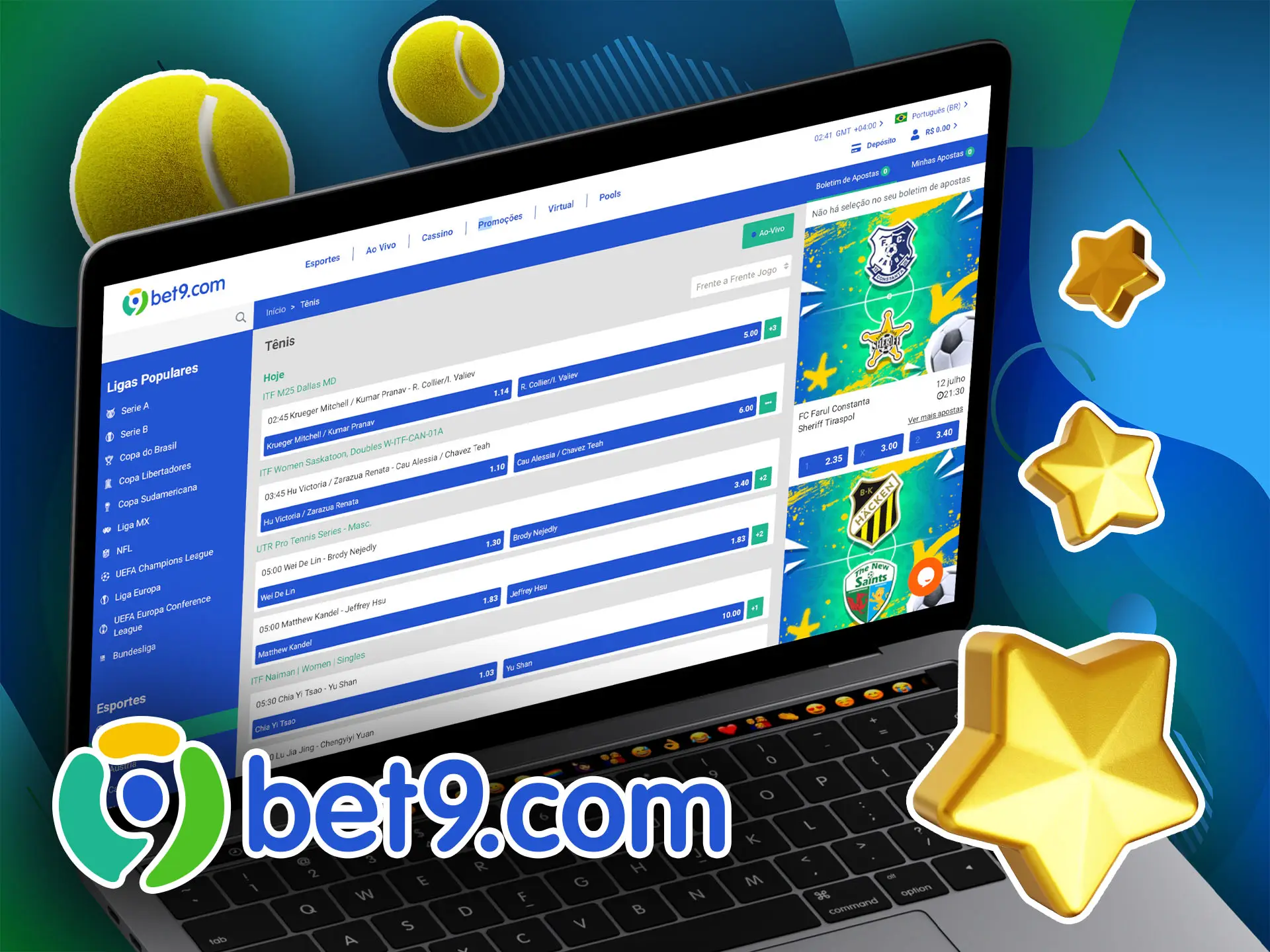 O Bet9 oferece uma variedade de eventos de tênis para apostas no site.