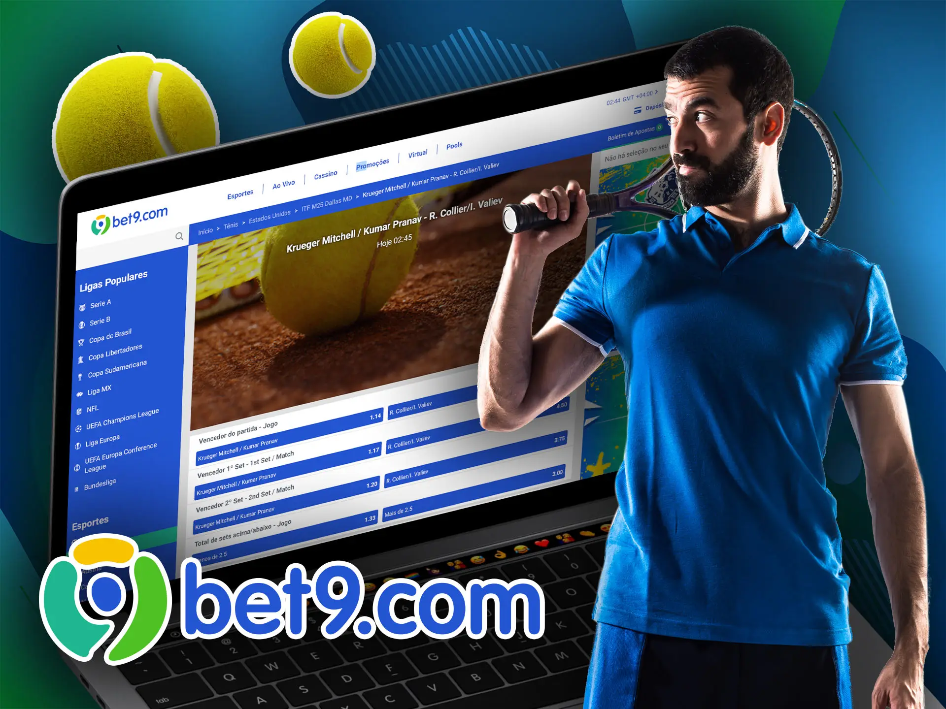 No Bet9, você encontrará diferentes probabilidades para eventos de tênis.