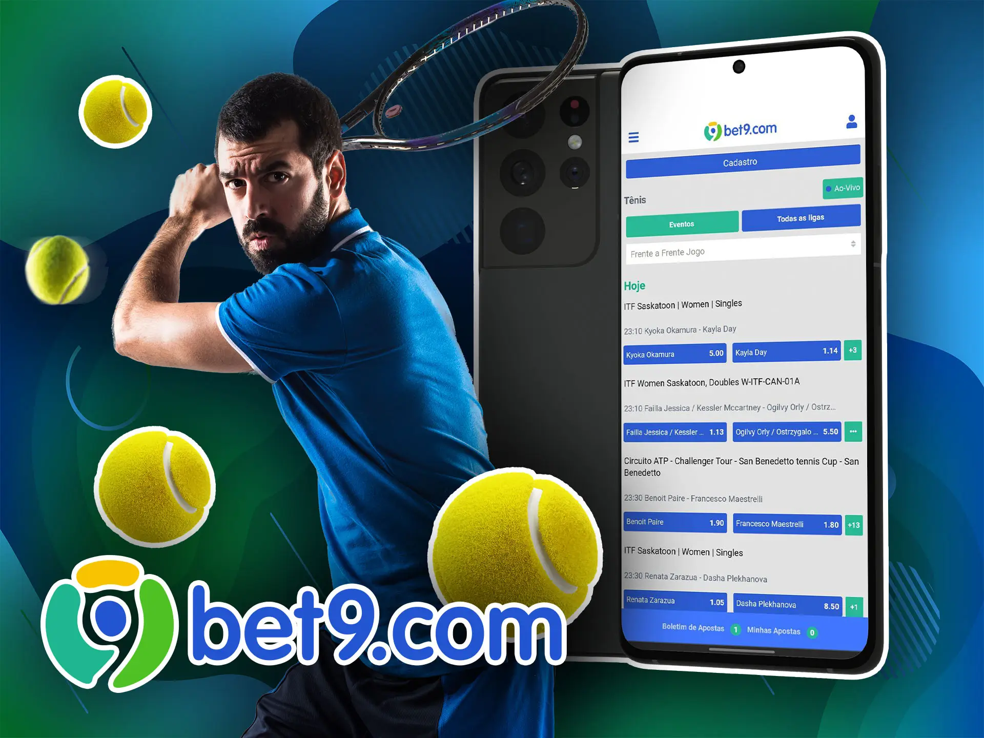 No aplicativo Bet9, você encontrará muitas probabilidades em vários jogos de tênis.