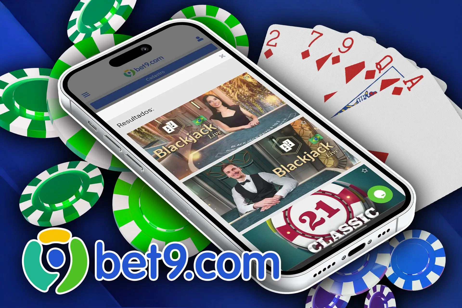 Você pode instalar o aplicativo Bet9 e jogar blackjack pelo seu smartphone.